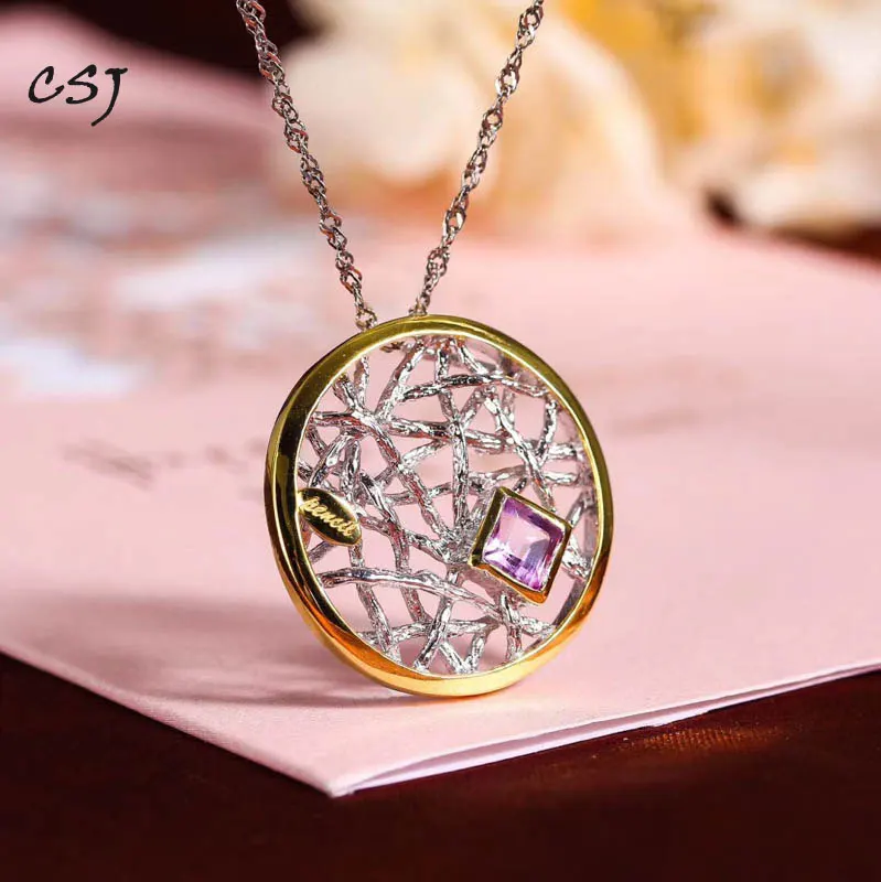 

CSJ Vintage Original Design Amethyst Pendants 925 Sterling Silver Necklace for Women Party Wedding Engagement Gift Fine Jewelry