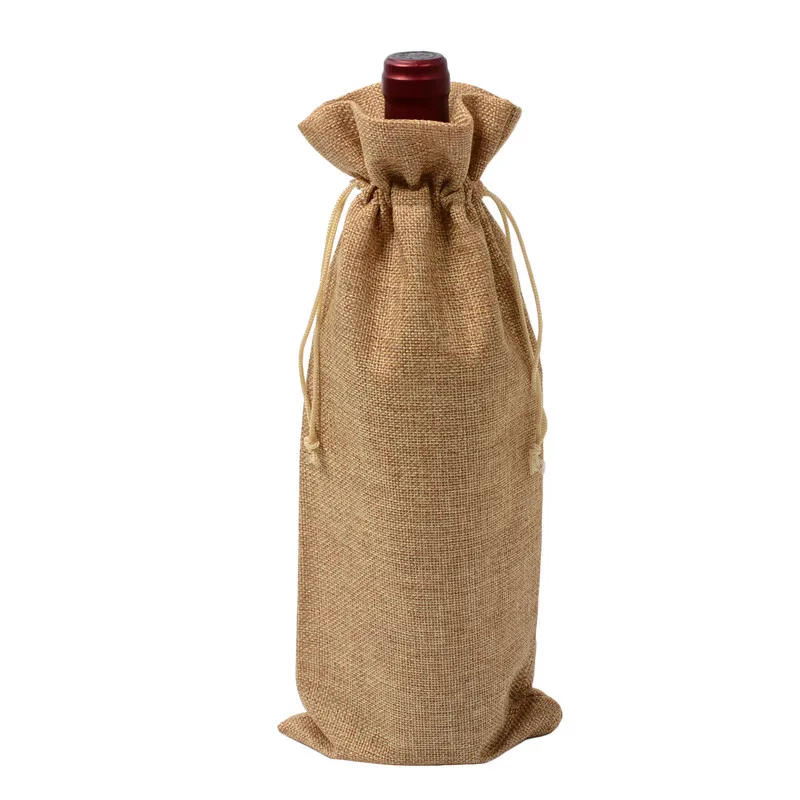 1 pc 15*35cm Rustic Jute Burlap Wine Drawstring Bags Wine Bottle Covers Reusable Bottle Wrap Gift Package Wine Bags - Цвет: light brown