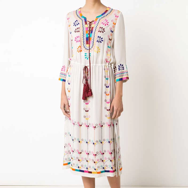 white tasseled embroidered midi dress