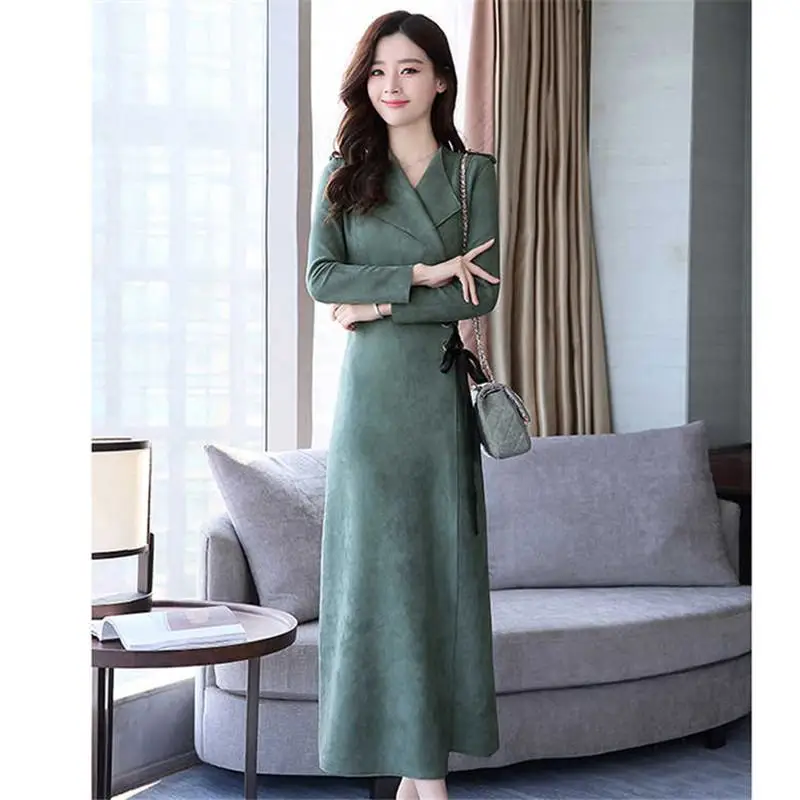 

2019 New Spring Autumn Woman Korean Vintage Slim Lace Up long Deerskin Dress Female Elegant Thicken Maxi Dresses Vestidos R197