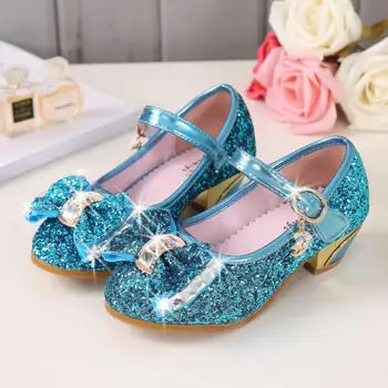 

Princess Kids Leather Shoes For Girls Casual Glitter Children High Heel Girls Wedding Shoes Butterfly Knot Blue Pink Silver