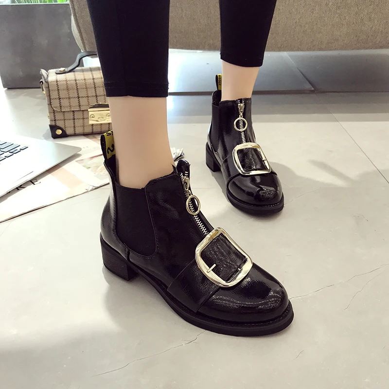 

MoBeiNi 2018 autumn and winter new retro Chelsea ankle boots women's shoes thick with patent leather high heels ankle boots