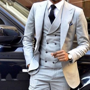 

Custom Light Grey Men Suits Double Breasted Slim Fit Skinny 3 Pieces Groom Tuxedos Wedding Suits Men Blazer (Jacket+Pant+Vest)