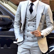 Custom Light Grey Men Suits Double Breasted Slim Fit Skinny 3 Pieces Groom Tuxedos Wedding Suits Men Blazer (Jacket+Pant+Vest)