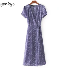 Женские летние платья с цветочным принтом лавандового цвета, сексуальное платье с v-образным вырезом, коротким рукавом и завязкой на талии, ТРАПЕЦИЕВИДНОЕ платье миди с запахом, vestidos verano