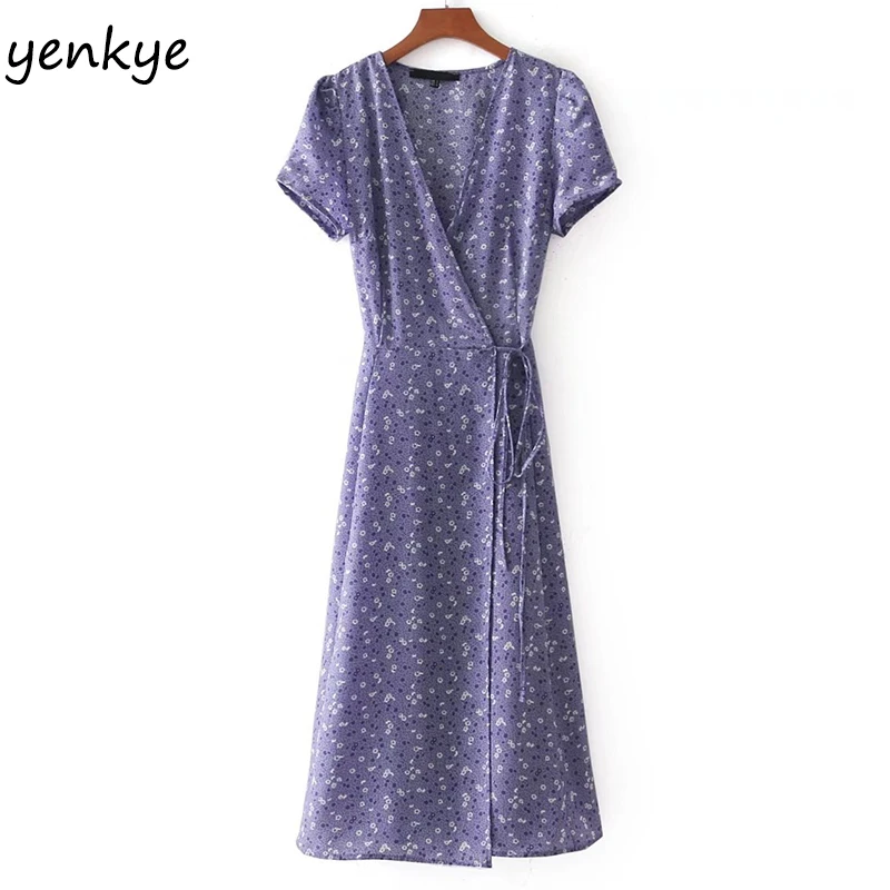 lavender floral wrap dress