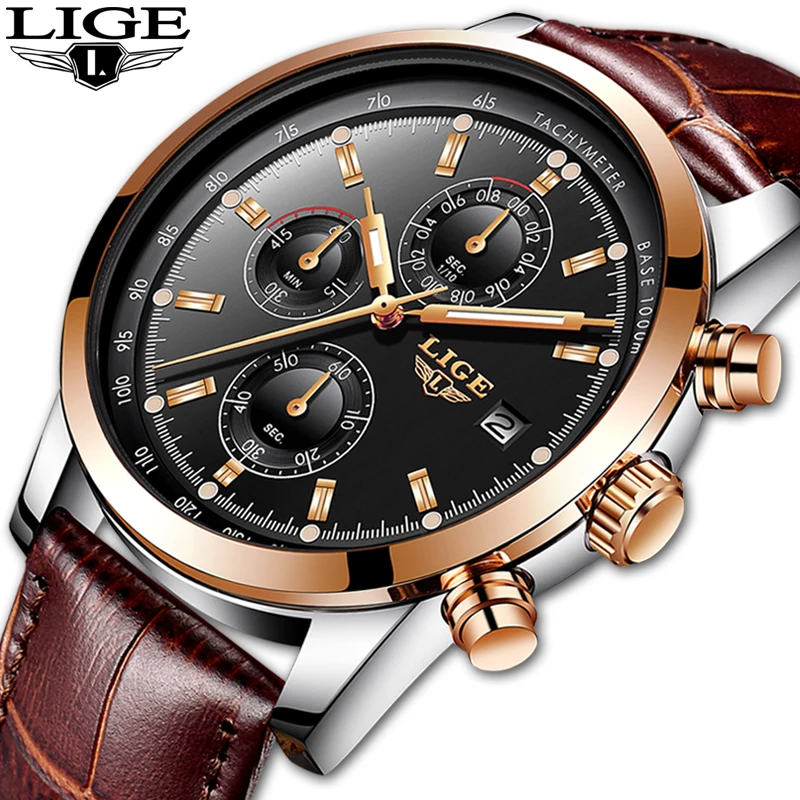 

LIGE New Mens Watches Top Brand Luxury Casual Date Quartz Watch Men Leather Sport Waterproof Clock Gold Watch Relogio Masculino
