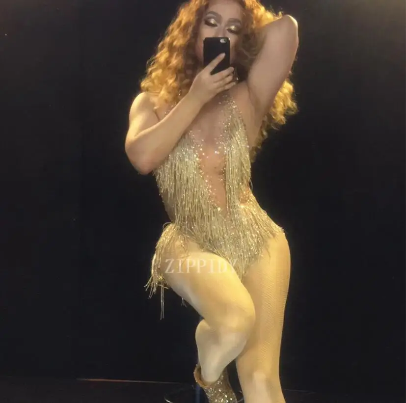 

Sparkly Gold Rhinestones Tassel Bodysuit One Piece Leotard Dance Wear Women's Celebrate Female Singer Crystals Costume Outfit