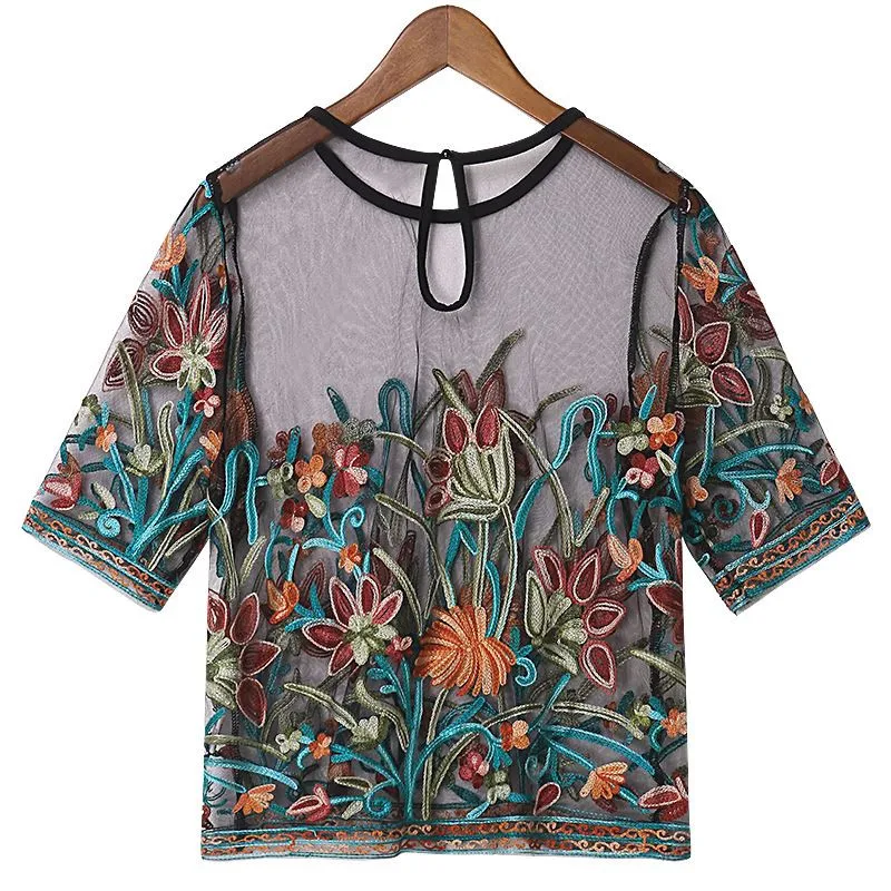 

Feitong 2019 Women's Ladies Short Sleeve Mesh Round Neck Embroidery Mesh Shorts New arrival