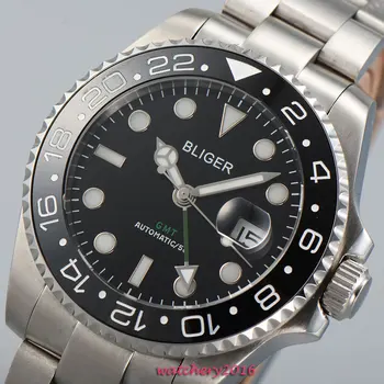 

43mm Bliger Black dial GMT Sapphire Crystal 2019 New Hot Top Brand ceramic bezel luminous marks Automatic Mechanical Men's Watch
