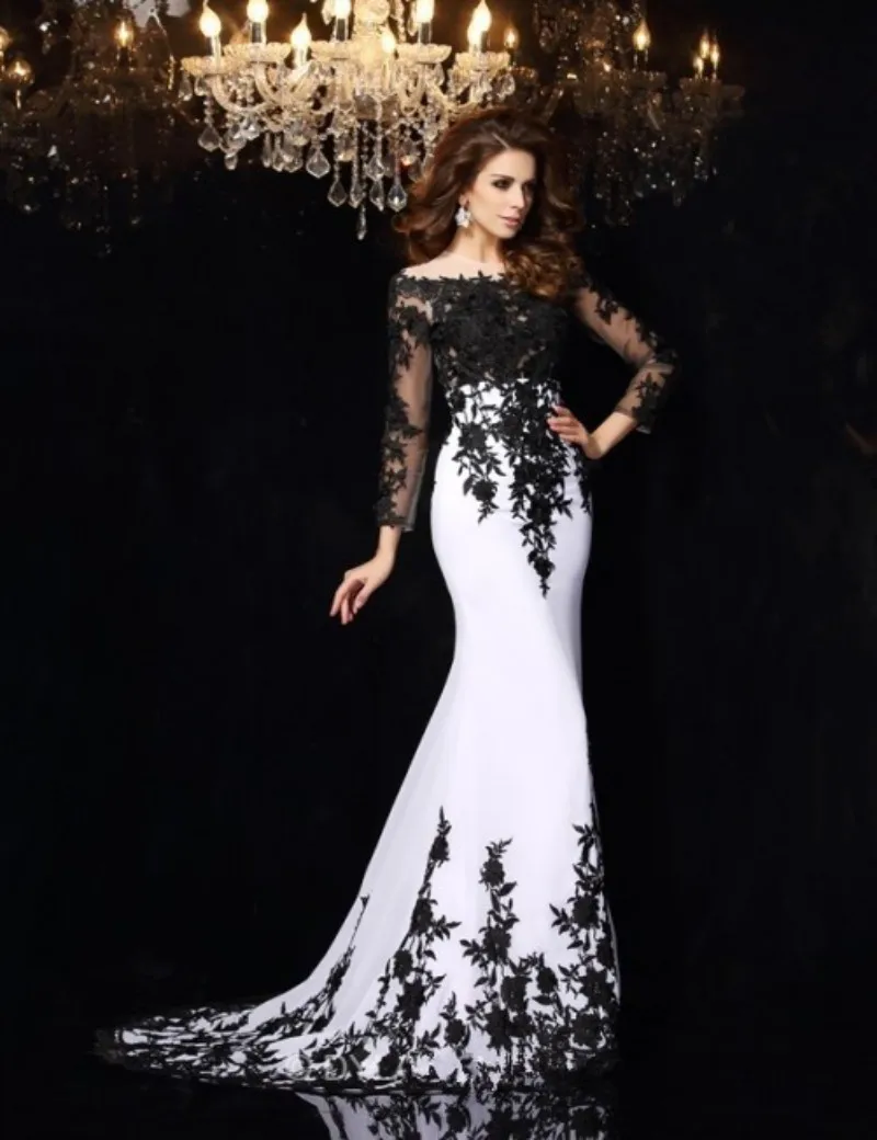 Nueva Llegada De Blanco Y Negro Cuello Alto Vestido De Noche De La Sirena Robe De Soiree Largo Manga Appliques El Saten De Noche Vestidos Del Partido Evening Party Gown Robe Departy Gown