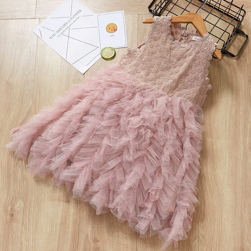 Keelorn/платье для девочек; коллекция года; Летнее Детское платье в сеточку; детское платье принцессы без рукавов с вышитыми перьями и цветочным рисунком; Одежда для девочек - Цвет: AX937 Pink