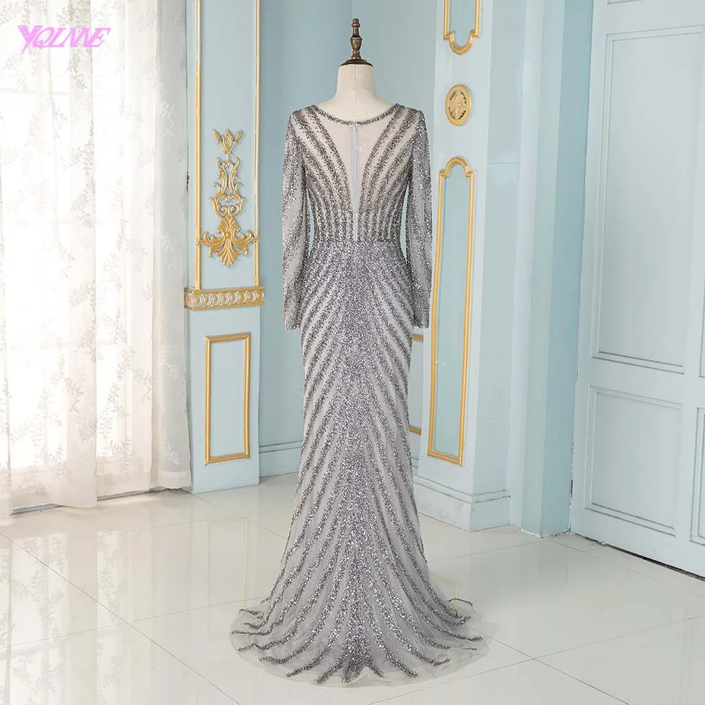 Elegant Full Sleeve Evening Dresses Long Gray Tulle Beading Mermaid Formal Women Party Dress Elegant Full Sleeve Evening Dresses Long Gray Tulle Beading Mermaid Formal Women Party Dress