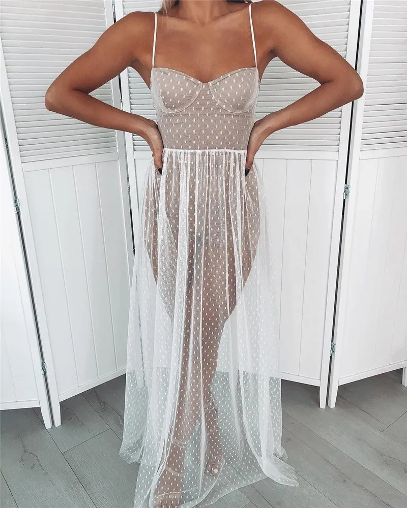 

Summer Sexy Splicing Mesh Lace Dress Women High Waist Strapless Split Maxi Dresses Elegant Party Club Long Dress