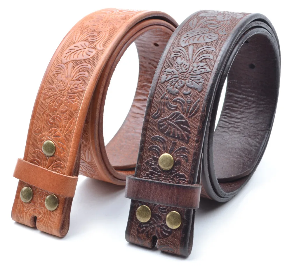 w// Snaps for Interchangeable Buckles Western Embossed BLACK Leather Belt Strap