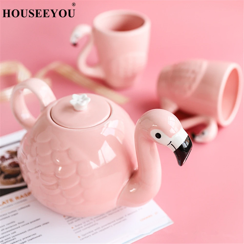 

Fantasy 3D Flamingos Bird Ceramic 1 Teapot + 1 Mugs Coffee Tea Milk Water Juicer Pot Jug Jar Breakfast Afternoon Drinking Tools