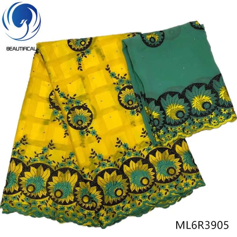 

BEAUTIFICAL nigerian cotton fabrics Fashion yellow 5yards swiss voile lace embroidery fabric + 2yards net lace for dress ML6R39