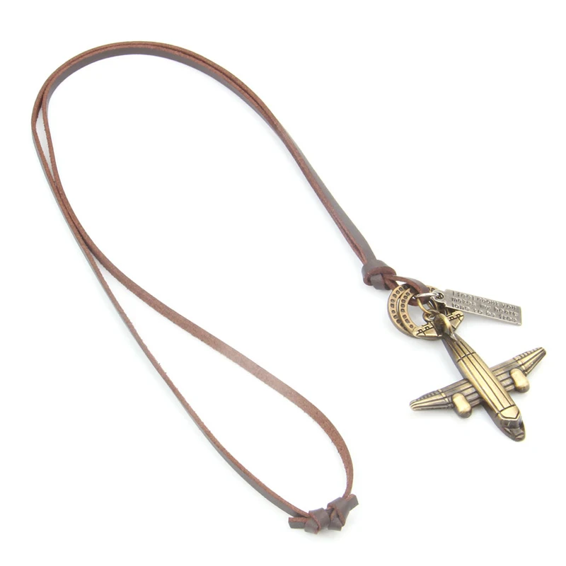 NIUYITID Antique Bronze Aircraft Plane Necklace & Pendants Men Women Handmade Genuine Leather Neclace Personalized Collar (2)