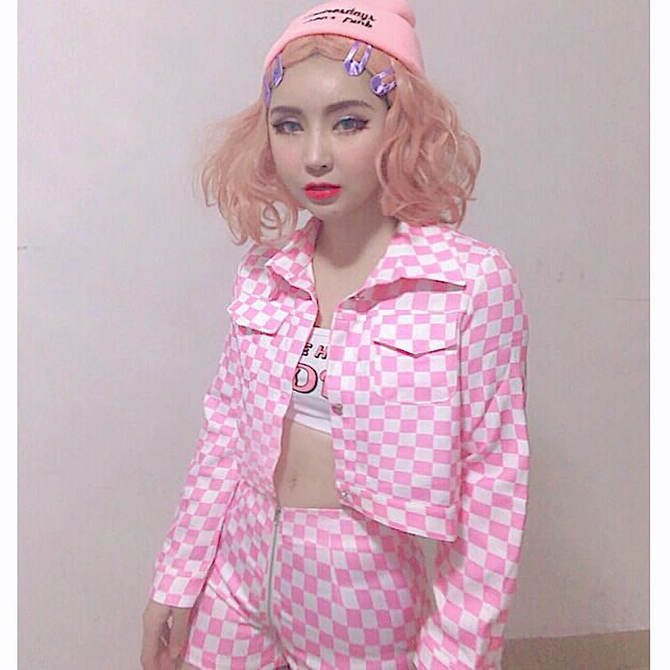 

Streetwear Vintage Cargo Pocket Turndown Button Crop Top Short Jacket Pink Contrast Plaid Coat Cropped Korean Outwear Harajuku