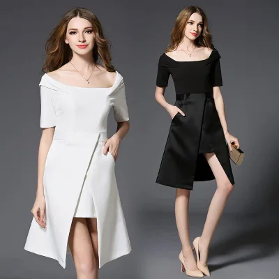 Černá Límec Šaty Léto Ženy 2017 Elegantní Krátký rukáv Midi Sexy Party Šaty Nové Příchody Evropském stylu vestibulu