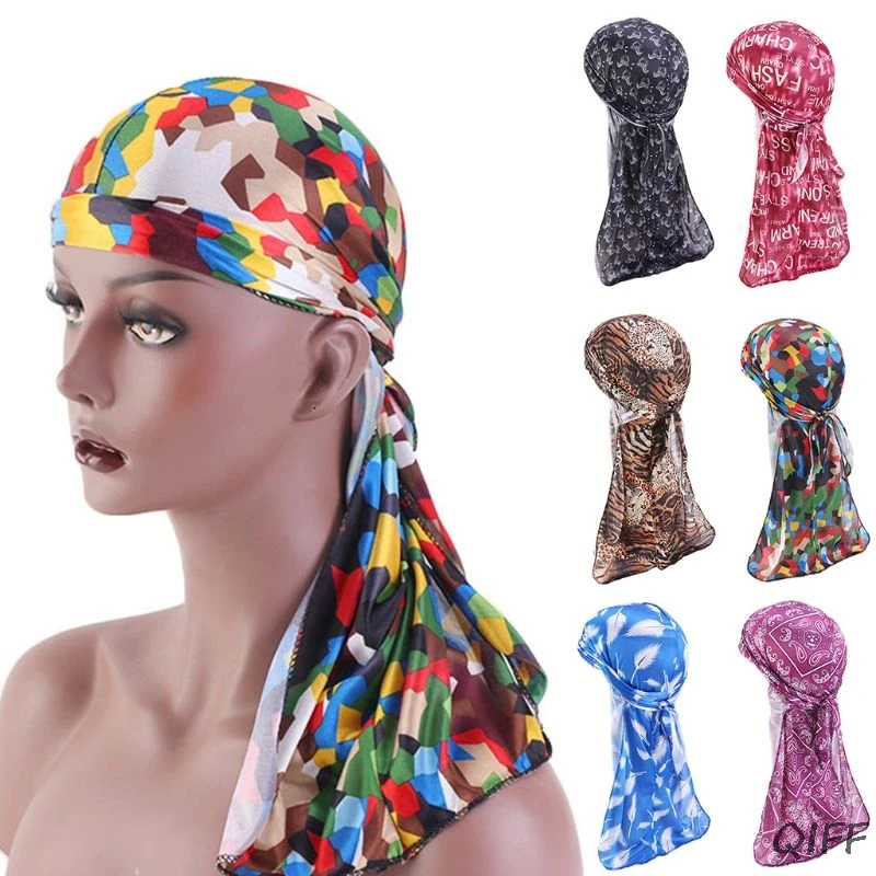 Унисекс имитация шелка Экстра длинный хвост Headwrap Boho Пейсли Тигра Кожи камуфляж печати хип-хоп Пиратская шапка тюрбан шляпа шапочка для душа