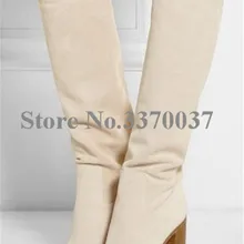 Дизайн; женские модные сапоги до колена из замши с круглым носком на массивном каблуке; женские элегантные высокие сапоги на толстом каблуке; реальные фотографии