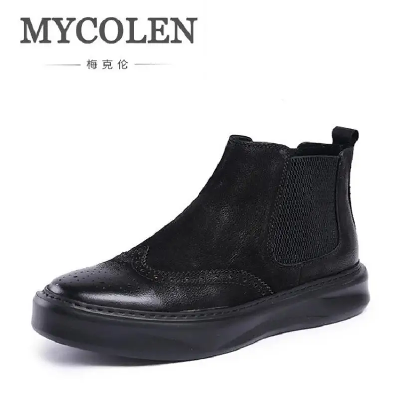 MYCOLEN/зимние ботинки; Новинка; мужские модные классические ботильоны «Челси»; сезон осень; британский стиль; удобная мужская обувь из натуральной кожи - Цвет: Черный