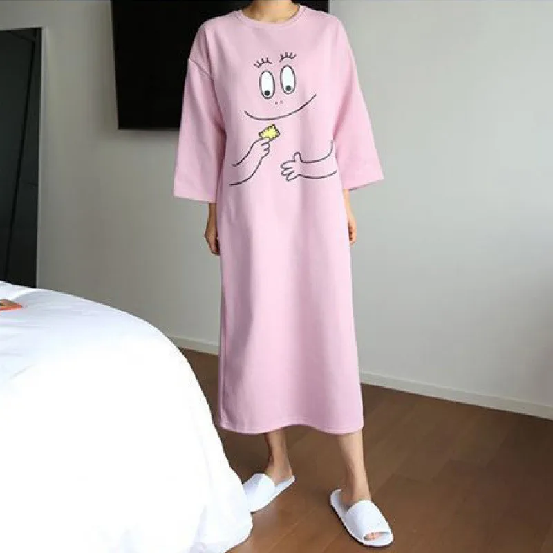 Сексуальная ночная рубашка женская модная Новая розовая пижама с рисунком милое Свободное длинное платье с длинными рукавами ночная рубашка