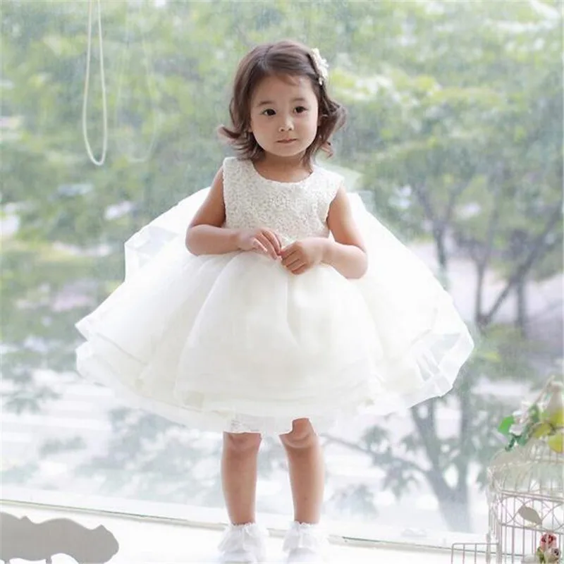 2016 Summer white lace flower Princess dress Baby Girl Wedding and Birthday Party dress children