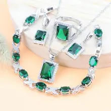 Серебро 925 Свадебные Ювелирные наборы зеленый цирконий серьги для женщин Свадебные ювелирные изделия кольца браслет ожерелье кулон набор подарочная коробка
