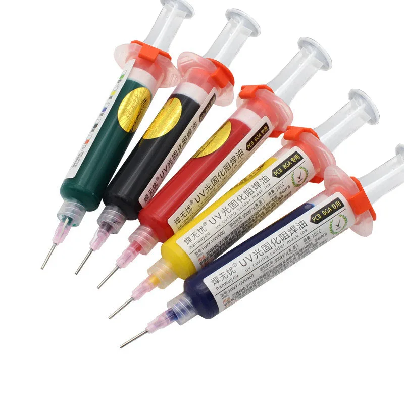 5 Color UV Curable Solder Mask 10CC for PCB Circuit Board Protect Soldering Paste Flux Oil With Neddle And Syringe Push