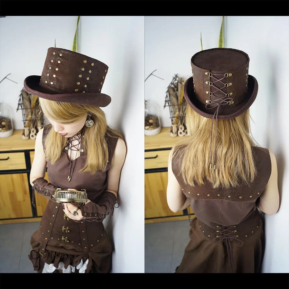 

Retro Coffee Color Steampunk Rivet Woolen Fedora Top Hat for Female