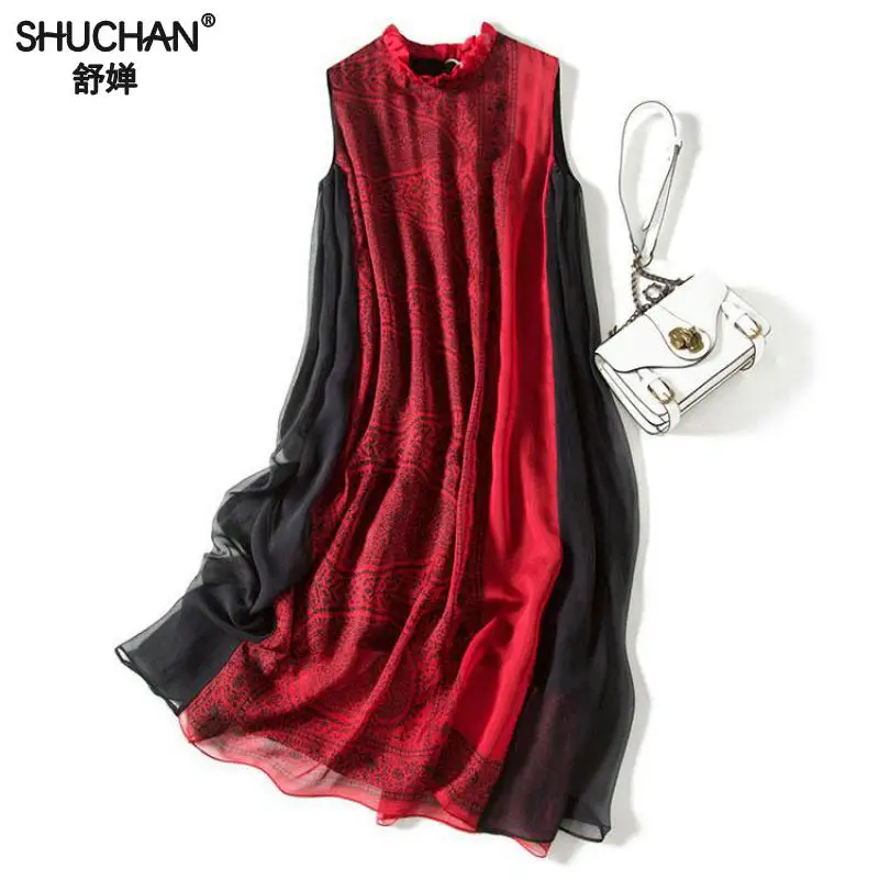 

Shuchan Chinese Style Loose Patchwork Summer Tank Dress Sleeveless Mid-calf 100% Natural Silk Middle Ages New Arrivals 2019