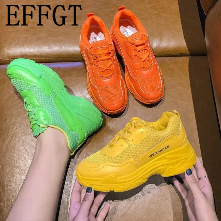 

EFFGT Women Chunky Sneakers Fashion Women Shoes Lace Up Board Shoes Female Trainers Breathable mesh platform casual shoes A387
