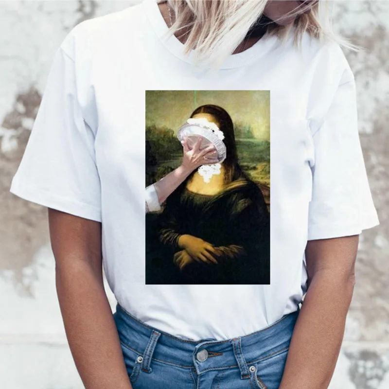 الموناليزا t قميص التدخين مضحك الهيب هوب عارضة النساء قصيرة الأكمام الشارع الشهير التي شيرت أعلى قمزة قميص تي شيرت الكورية الملابس الإناث