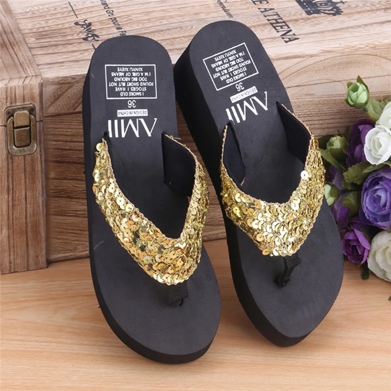 

KLV Summer Soft Women Wedge Sandals Sequin Thong Flip Flops Platform Slippers Size 36 to 40