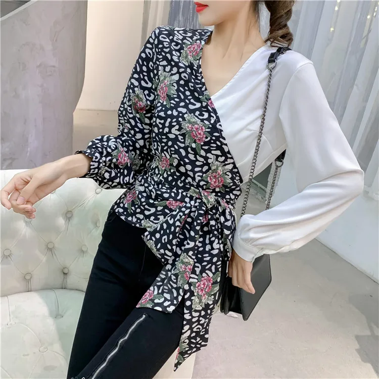 

Front bow tie Blouses Long Sleeve Shirts flower printed O neck Shirt Casual Feminine Irregular Blouses white women Tops 82F3
