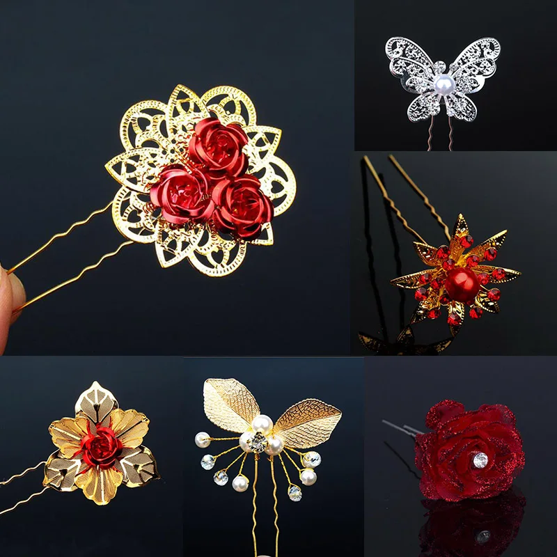

Hot 2018 Chinese bride flower red hair accessories wedding gold color plate hair butterfly hairpin for women hair styling tool
