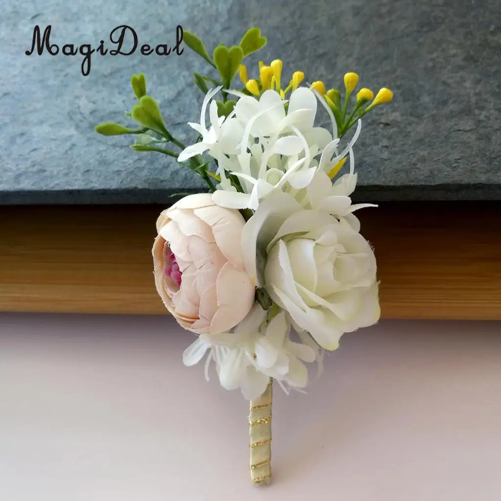 Romantic Wedding Party Rose Silk Flower Boutonniere Corsage Champagne decor