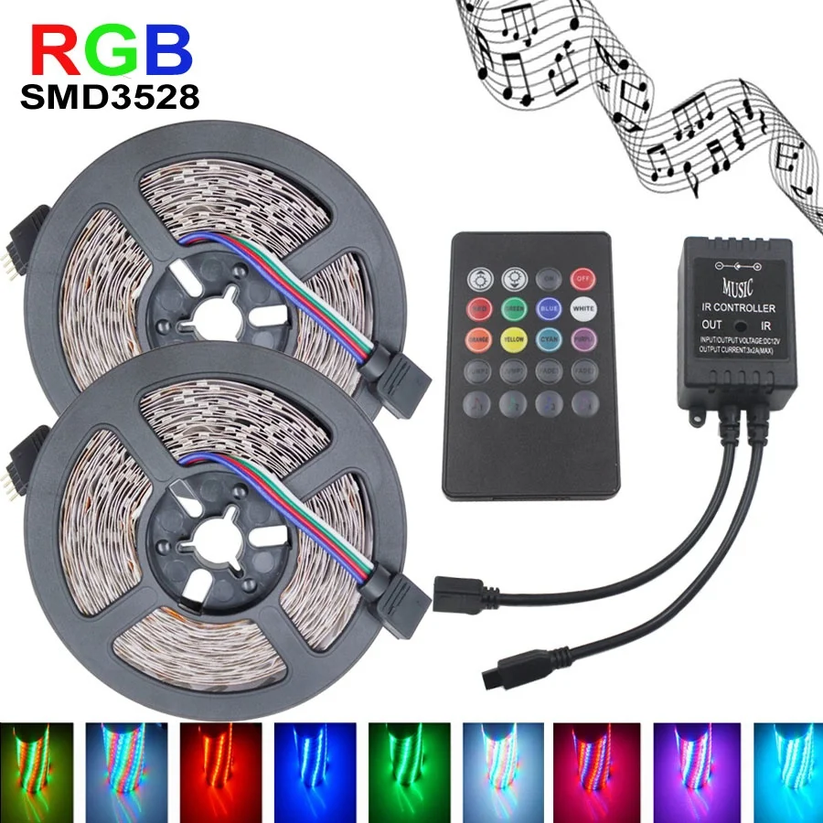 

LED Stripe 3528 RGB LED Flexible Strip Light 10M 600Led Music Lights IR Remote Controller DC12V Home Decoration LED Light