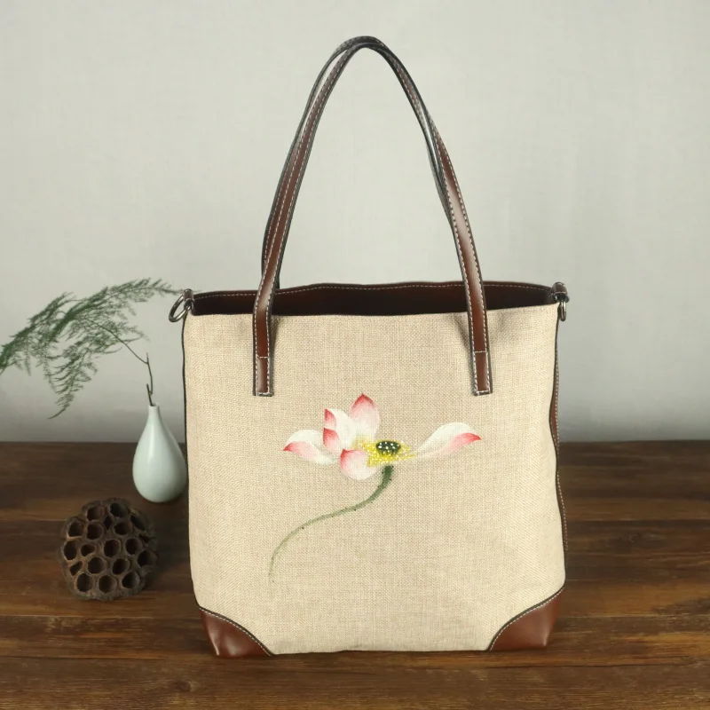 Chinese Painting Series Women Linen Canvas Tote Bag Hand Painted