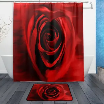 

Valentine Red Rose with Heart Waterproof Polyester Fabric Shower Curtain with Hooks Doormat Bath Floor Mat Bathroom