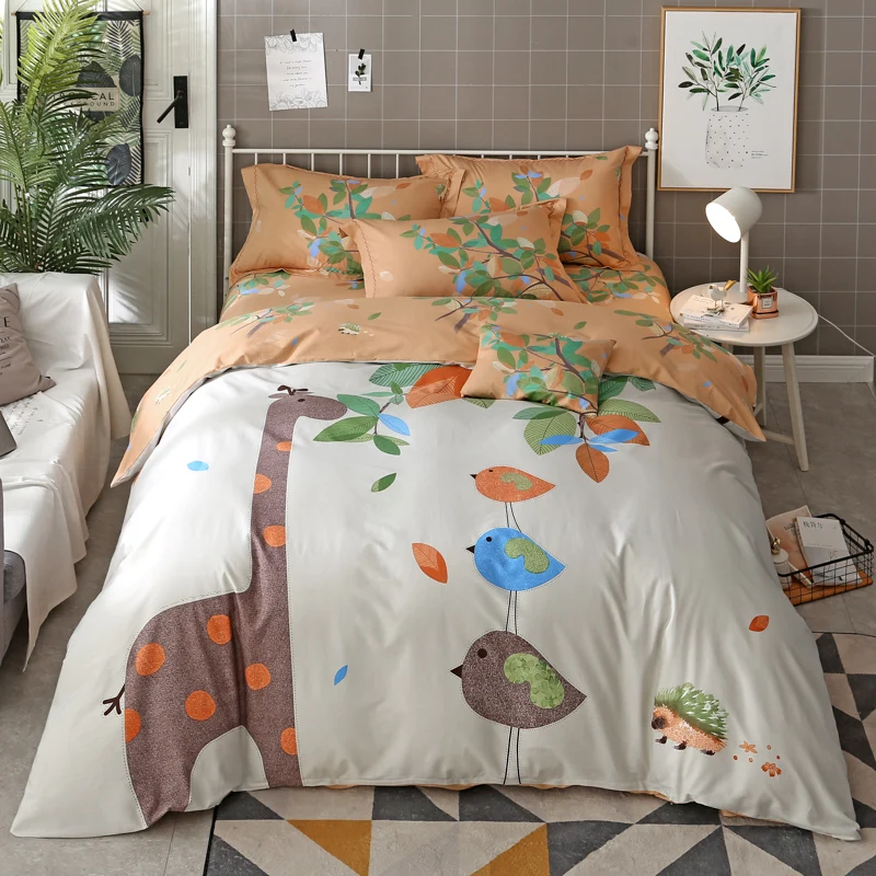 font b Cute b font Cartoon Animal Giraffe Bear Print Bedding Set Queen King Size