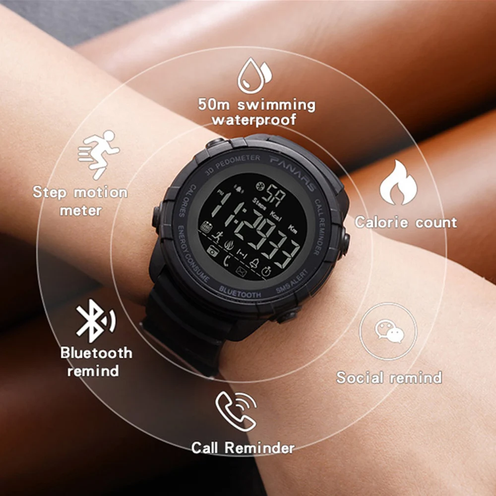 

PANARS Men Smart Watch Calorie Pedometer Multi-Functions Remote 50M Waterproof Digital Sports Men's SmartWatch Relogio Masculino