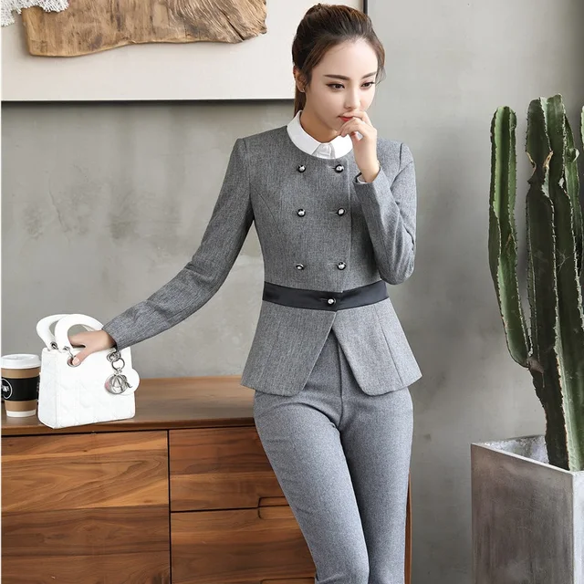 Novelty Grey Formal Uniforms Blazers Women Business Suits With Pants