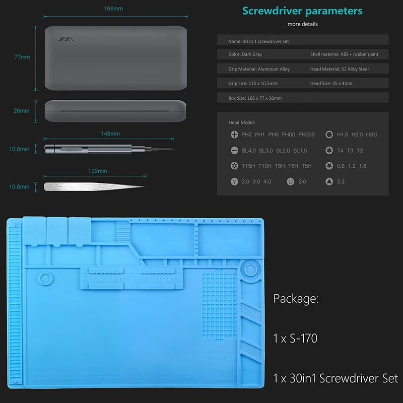 Паяльная станция Железный ремонтный коврик Магнитная теплоизоляция силиконовый коврик настольная платформа Отвертки Набор инструментов Набор отверток - Цвет: s-170 30in1