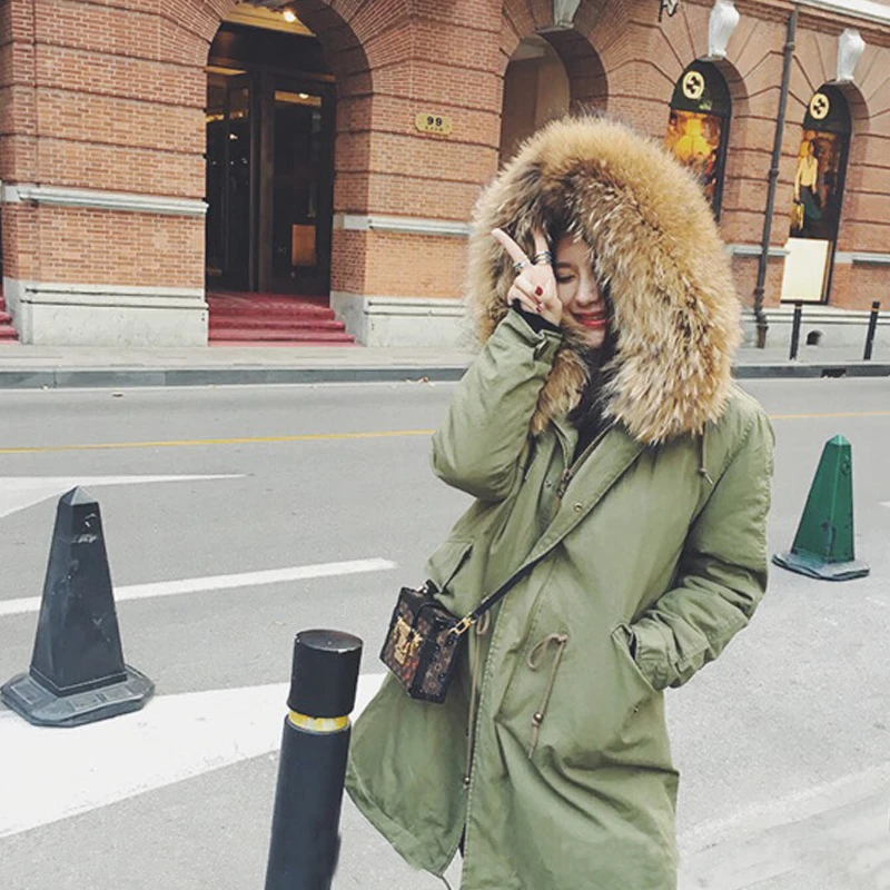 

2017 New Women Winter Army Green&Black Jacket Coats Thick Parkas Plus Size Real fox Raccoon Collar Hooded Outwear &Fur coat 5XL