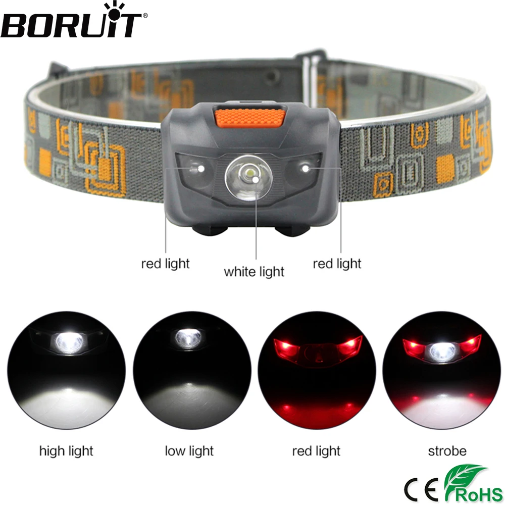 cheap BORUiT 3 LEDs Mini Headlamp 4 Modes Red Light Headlight Use AAA Battery Waterproof Flashlight Hunting Fishing Head Torch