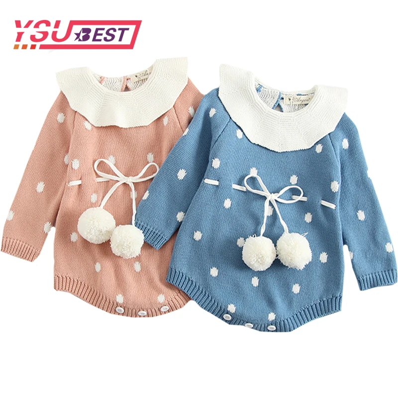 

2019 Newborn Baby Bodysuits Sweater Girls Infants One-piece Pompom Jumper Baby Pullover Children Pullover Lotus Knit Jumpsuits