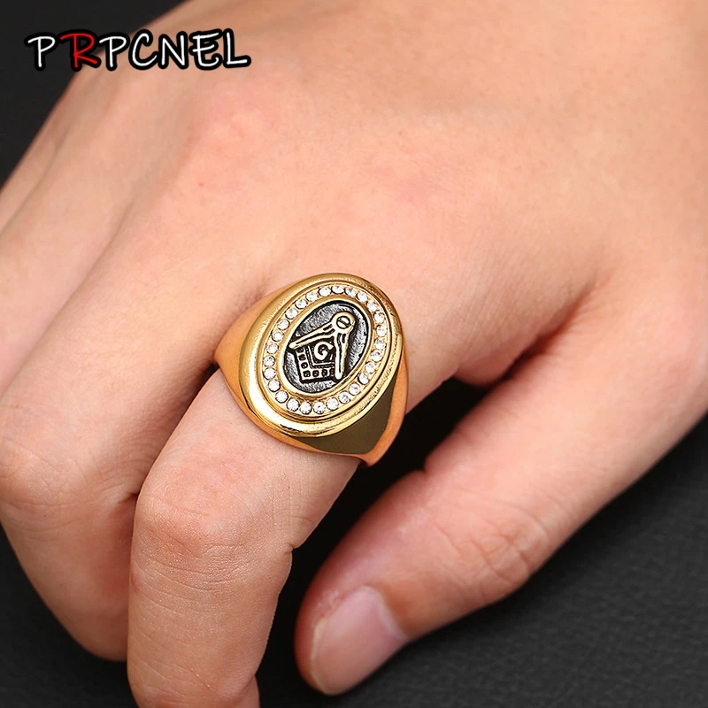 

New US 7 to 13 size AG Mens Gold color Stainless steel With Zircon Free Mason Freemasonry Masonic Ring Enamel Wedding Band Ring